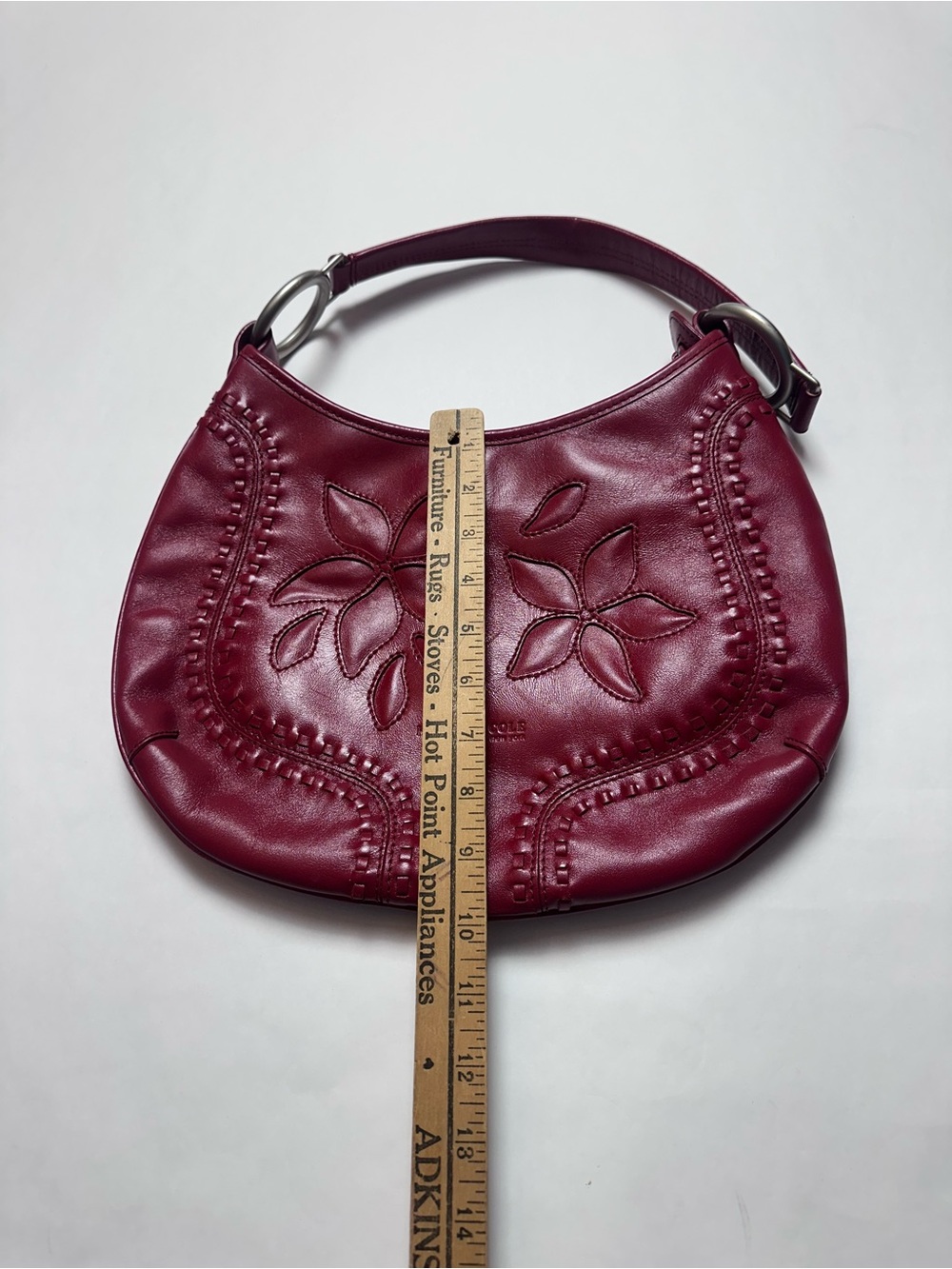 Kenneth Cole Y2K Burgundy Leather Floral Embossed Hobo Shoulder Bag Boho - Picture 6 of 10